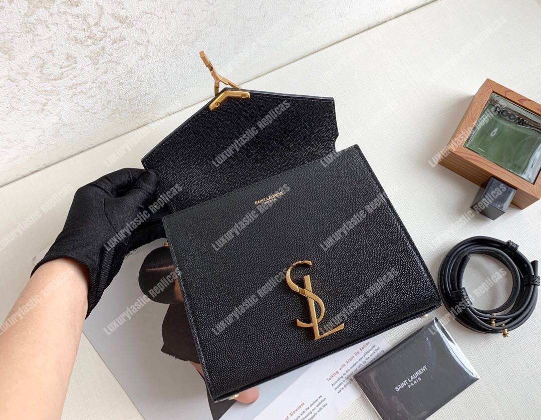 Saint Laurent Cassandra Mini Top Handle Bag In Grain De Poudre Embossed Leather Black
