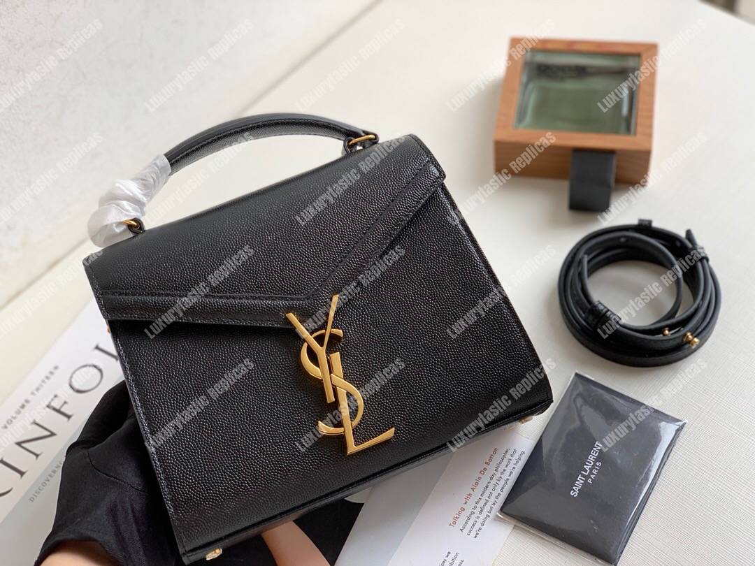 Saint Laurent Cassandra Mini Top Handle Bag In Grain De Poudre Embossed Leather Black