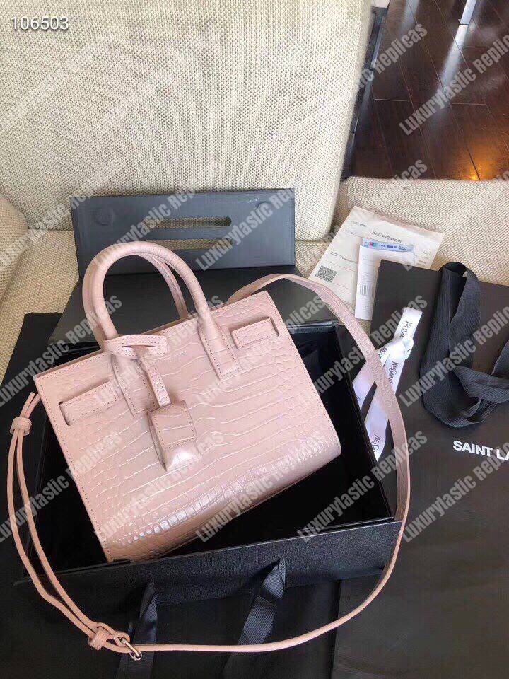 Saint Laurent Classic Sac De Jour Baby In Embossed Crocodile Shiny Leather Pink