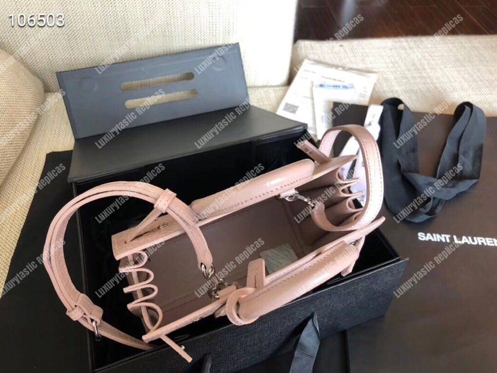 Saint Laurent Classic Sac De Jour Baby In Embossed Crocodile Shiny Leather Pink