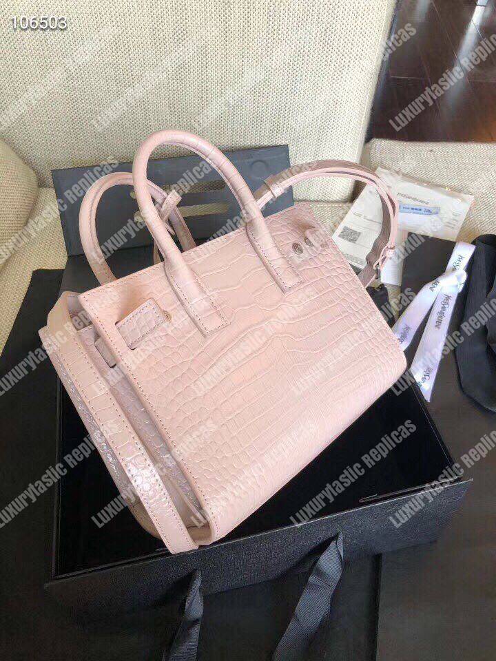 Saint Laurent Classic Sac De Jour Baby In Embossed Crocodile Shiny Leather Pink