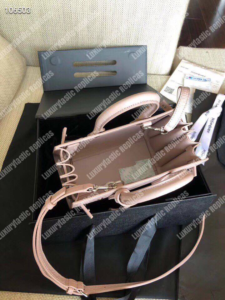 Saint Laurent Classic Sac De Jour Baby In Embossed Crocodile Shiny Leather Pink