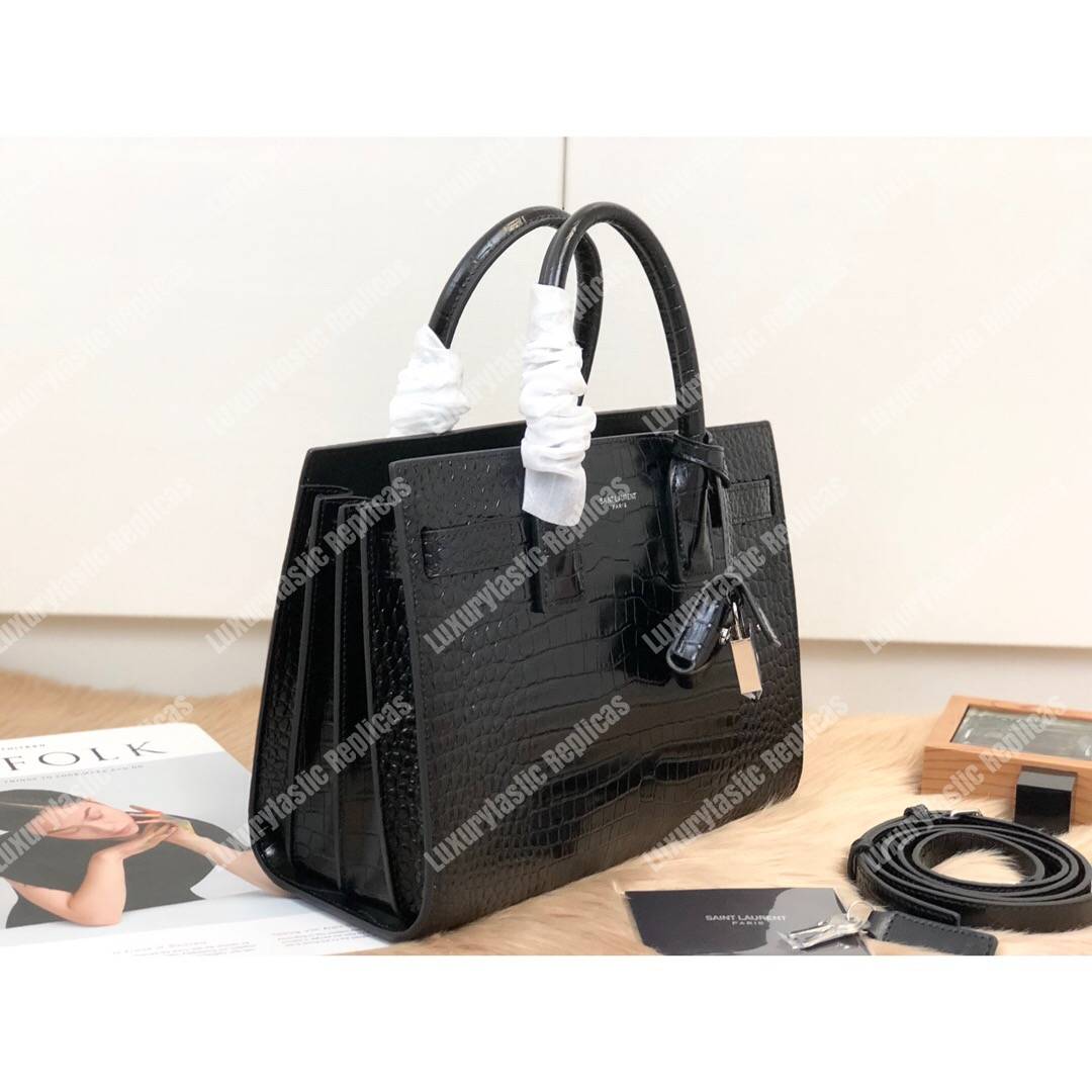 Saint Laurent Classic Sac De Jour Baby In Embossed Crocodile Shiny Leather Black