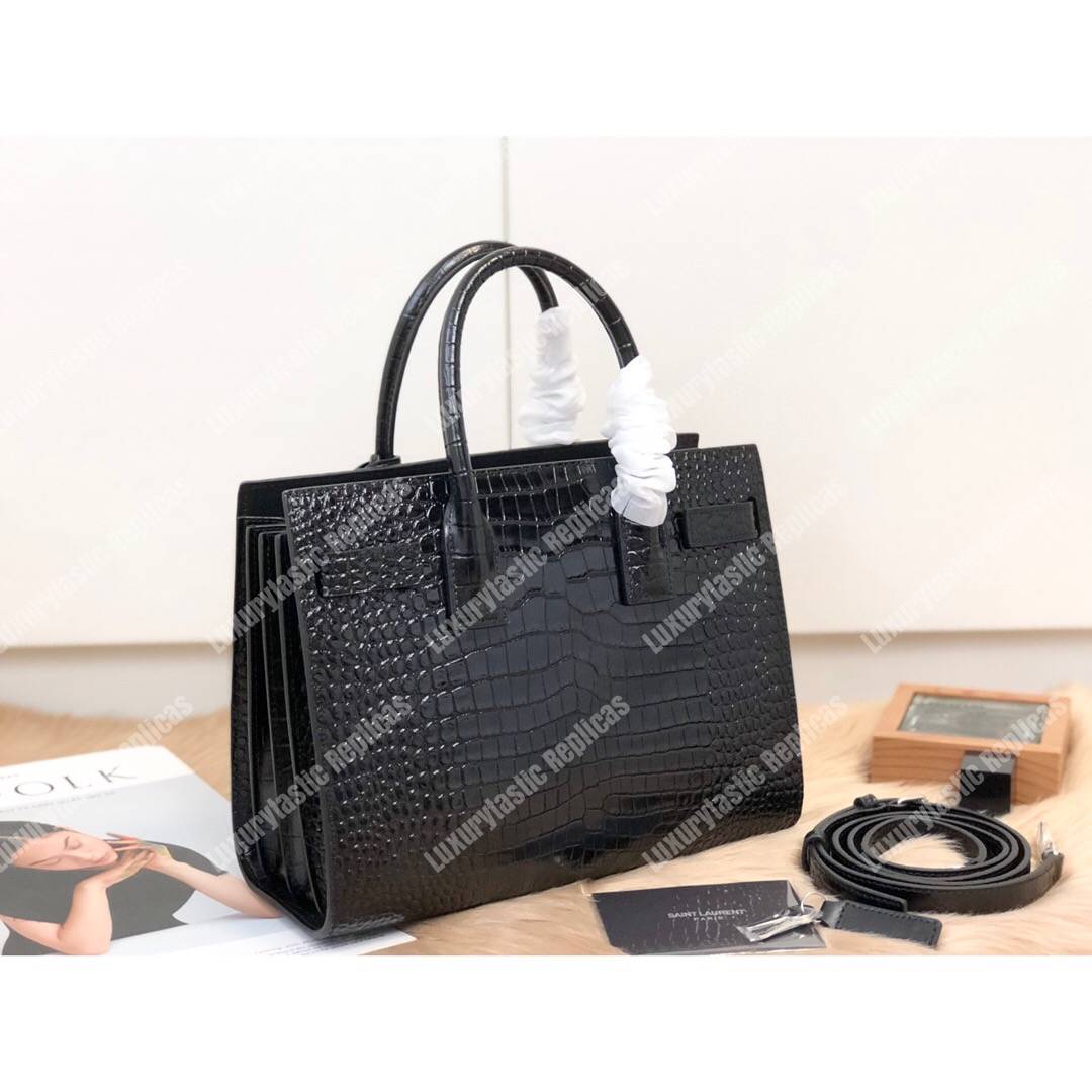 Saint Laurent Classic Sac De Jour Baby In Embossed Crocodile Shiny Leather Black