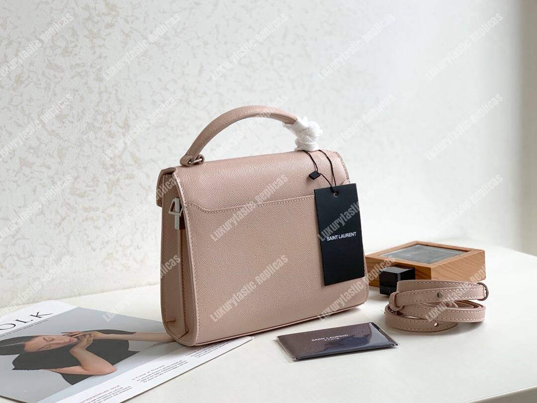 Saint Laurent Cassandra Mini Top Handle Bag In Grain De Poudre Embossed Leather Marble Pink