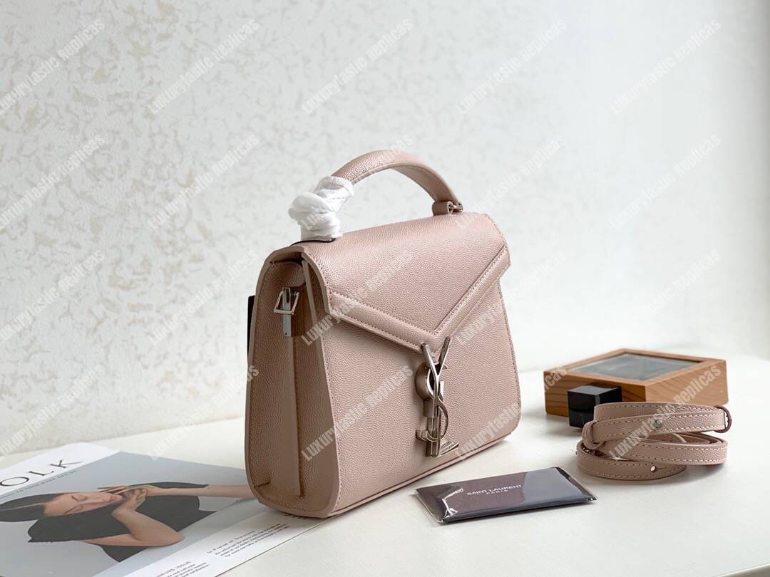 Saint Laurent Cassandra Mini Top Handle Bag In Grain De Poudre Embossed Leather Marble Pink
