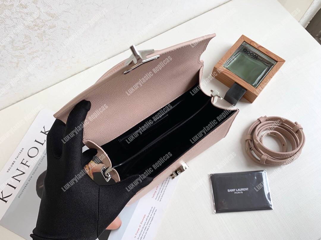 Saint Laurent Cassandra Mini Top Handle Bag In Grain De Poudre Embossed Leather Marble Pink