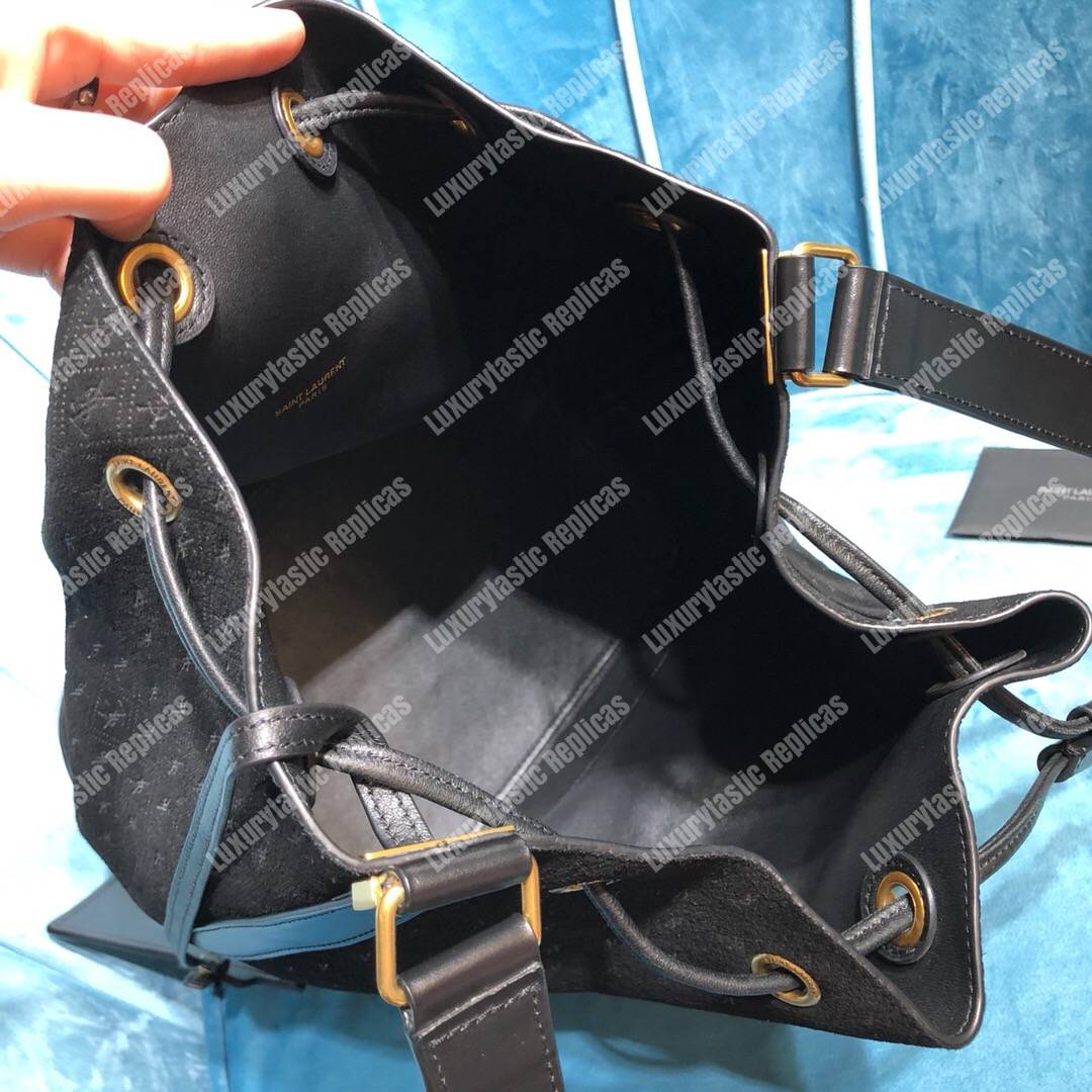 Saint Laurent Monogram All Over Bucket Bag In Suede Black