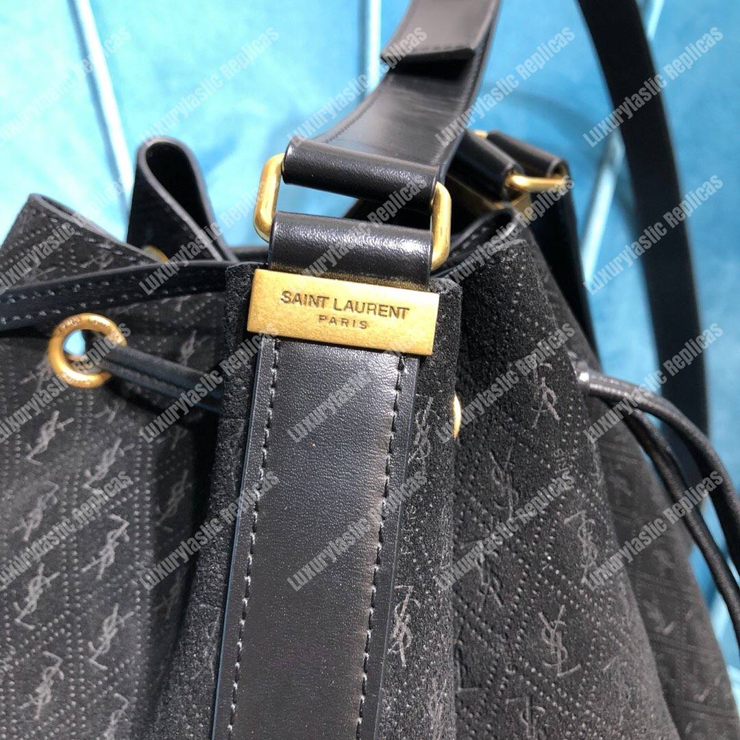 Saint Laurent Monogram All Over Bucket Bag In Suede Black