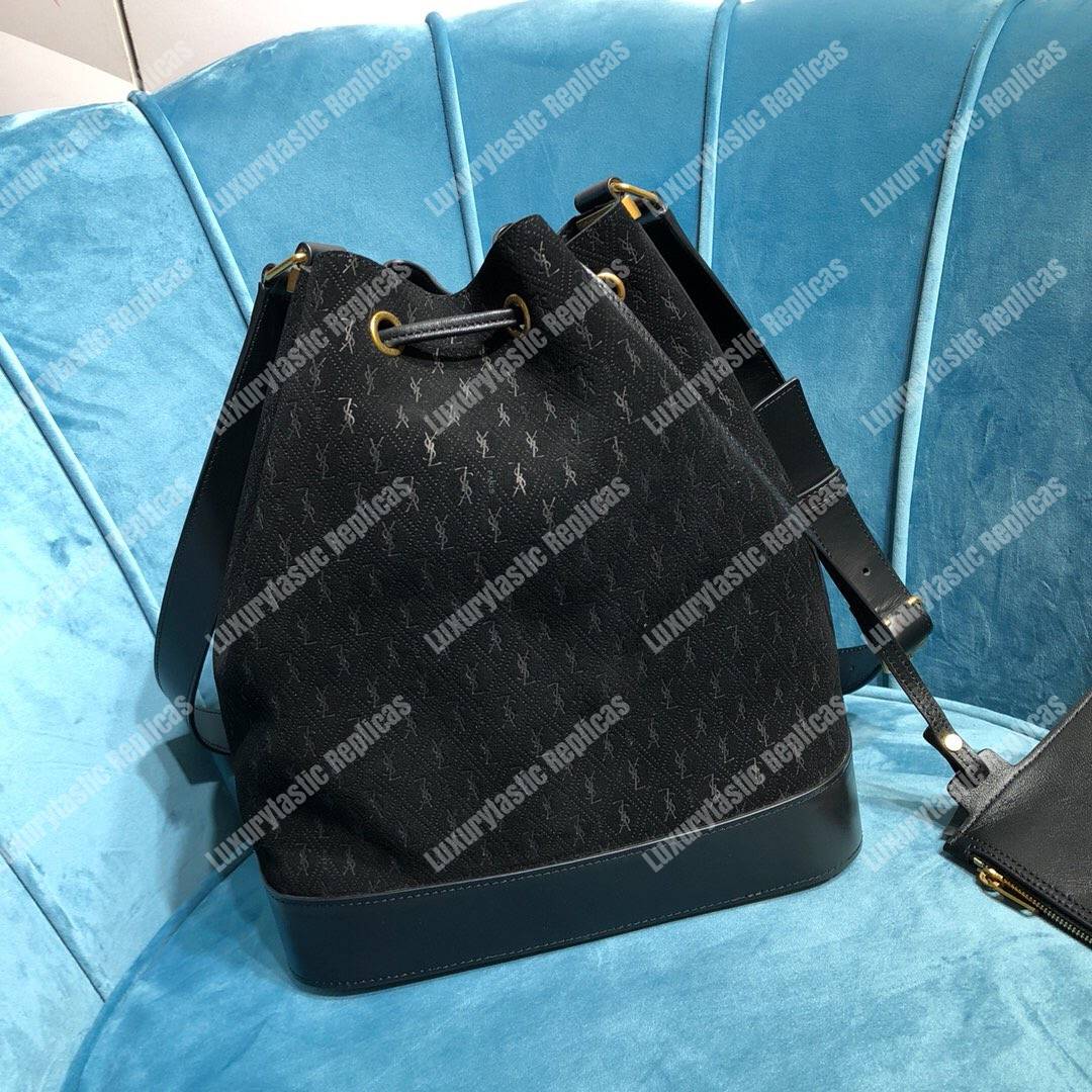 Saint Laurent Monogram All Over Bucket Bag In Suede Black