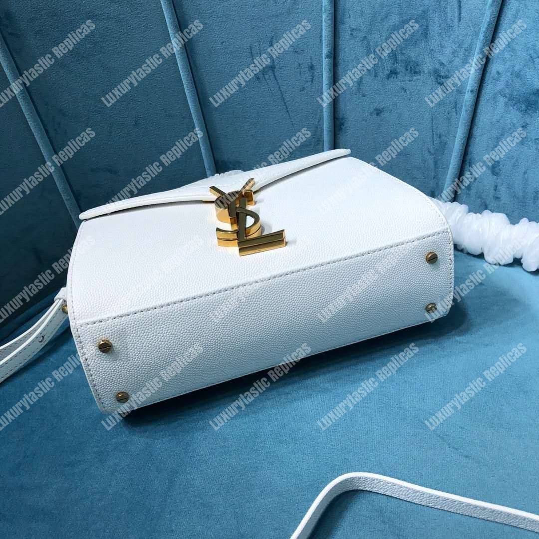 Saint Laurent Cassandra Mini Top Handle Bag In Grain De Poudre Embossed Leather White