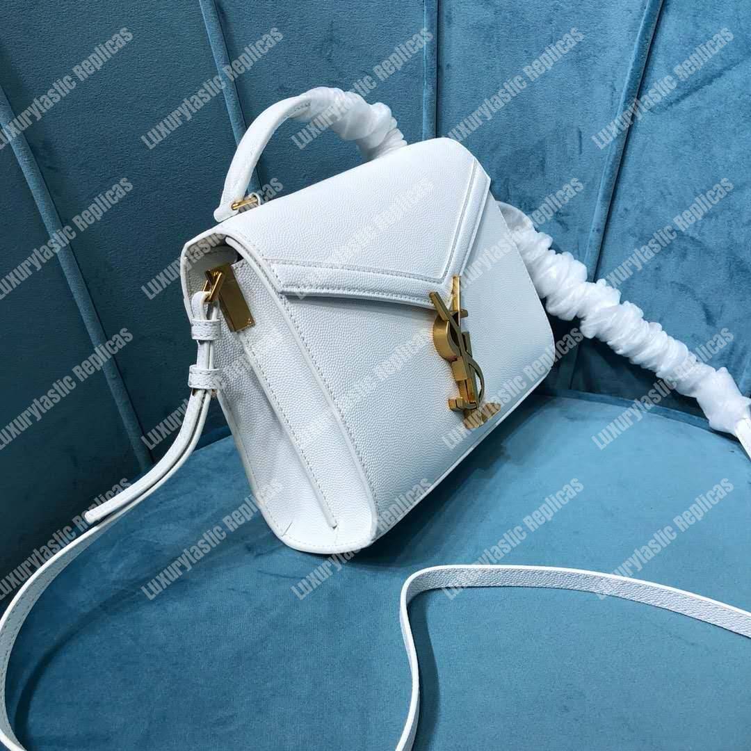 Saint Laurent Cassandra Mini Top Handle Bag In Grain De Poudre Embossed Leather White