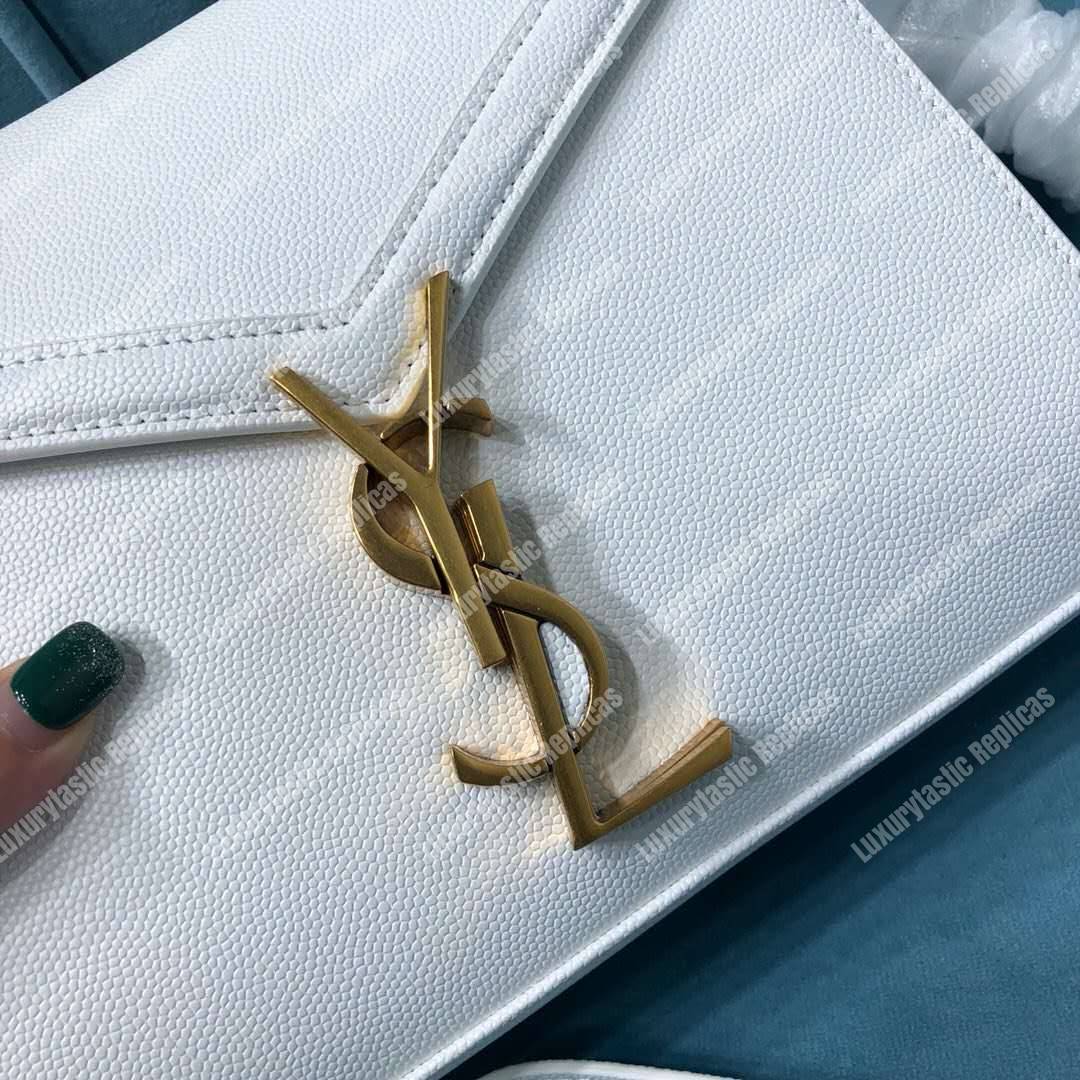 Saint Laurent Cassandra Mini Top Handle Bag In Grain De Poudre Embossed Leather White
