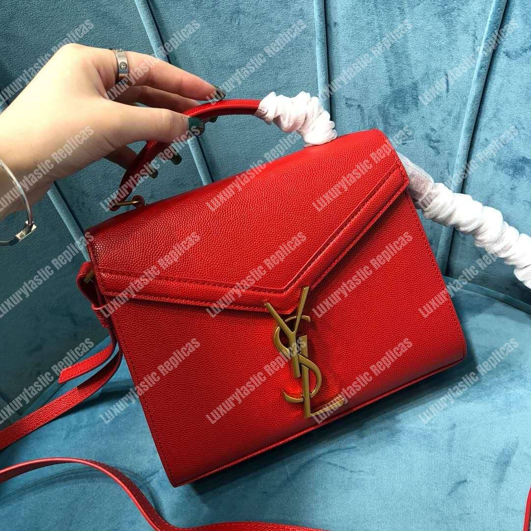 Saint Laurent Cassandra Mini Top Handle Bag In Grain De Poudre Embossed Leather Red