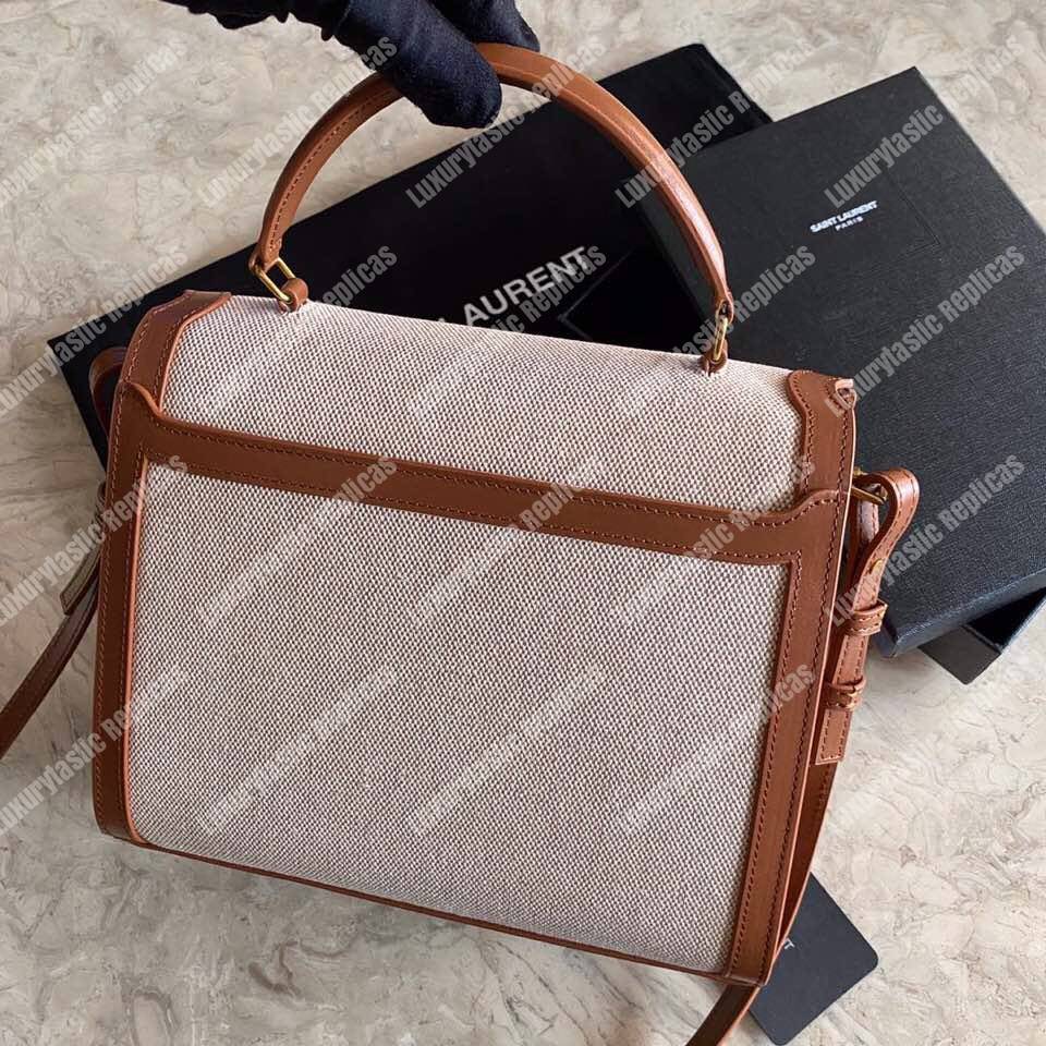 Saint Laurent Cassandra Medium Top Handle Bag In Canvas And Smooth Leather Natural Beige