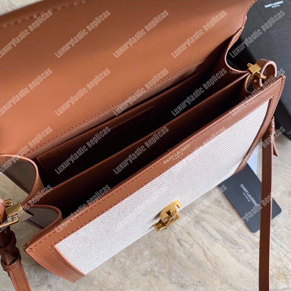 Saint Laurent Cassandra Medium Top Handle Bag In Canvas And Smooth Leather Natural Beige