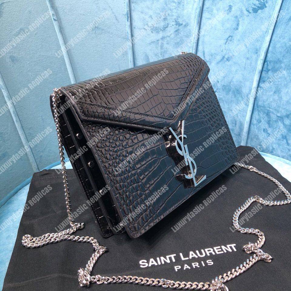 Saint Laurent Cassandra Monogram Clasp Bag In Crocodile Embossed Shiny Leather Black