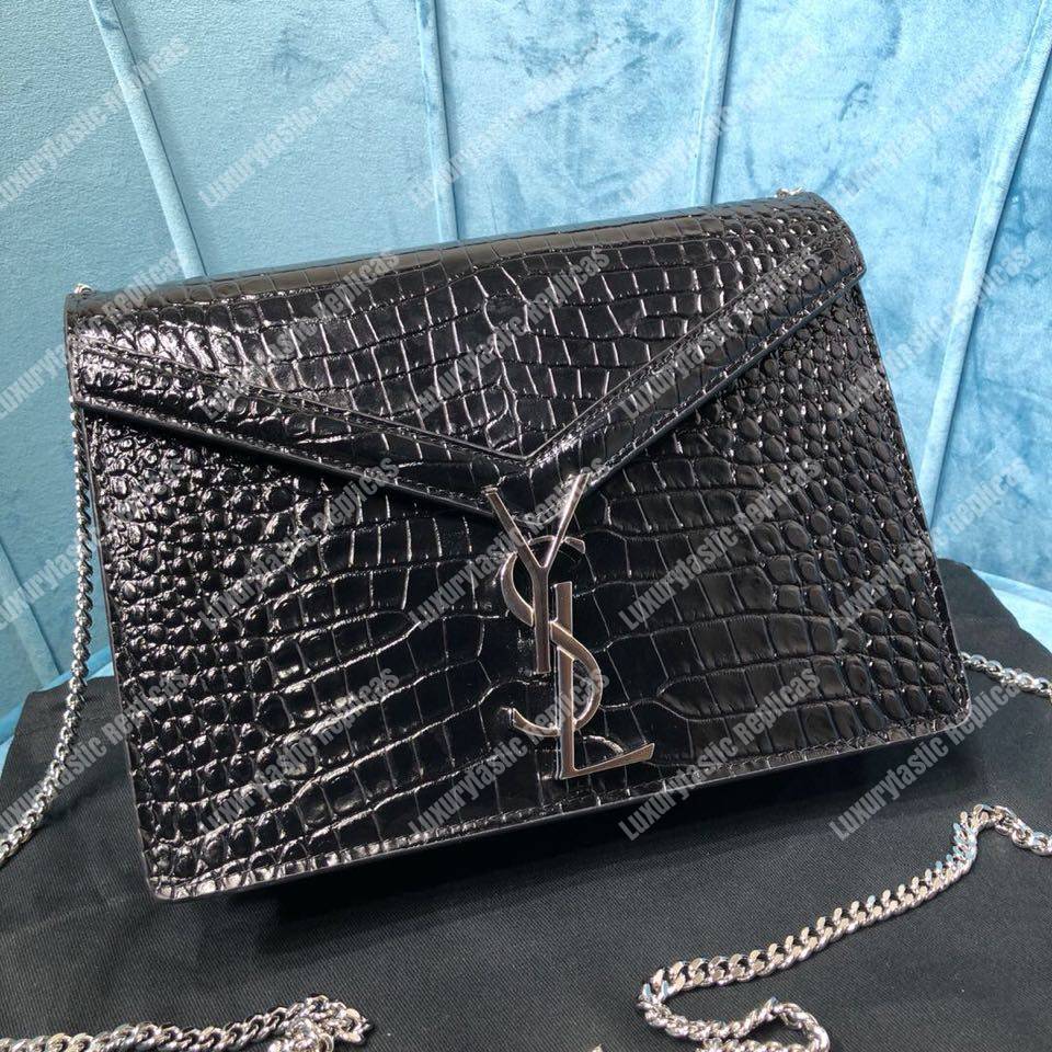 Saint Laurent Cassandra Monogram Clasp Bag In Crocodile Embossed Shiny Leather Black
