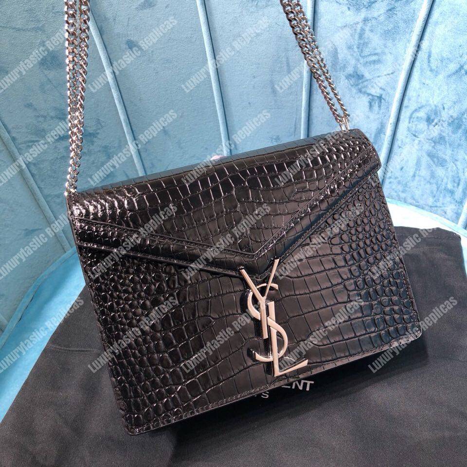 Saint Laurent Cassandra Monogram Clasp Bag In Crocodile Embossed Shiny Leather Black