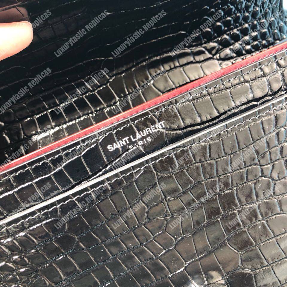 Saint Laurent Cassandra Monogram Clasp Bag In Crocodile Embossed Shiny Leather Black
