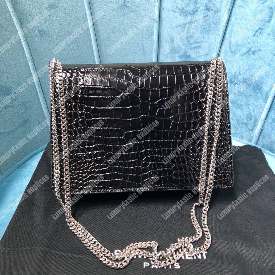 Saint Laurent Cassandra Monogram Clasp Bag In Crocodile Embossed Shiny Leather Black