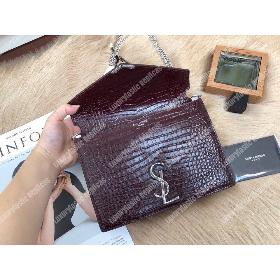 Saint Laurent Cassandra Monogram Clasp Bag In Crocodile Embossed Shiny Leather Dark Legion Red