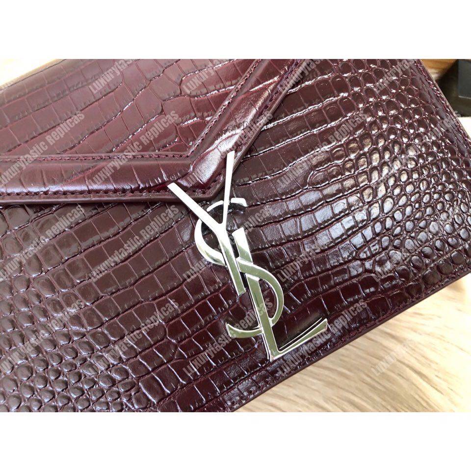 Saint Laurent Cassandra Monogram Clasp Bag In Crocodile Embossed Shiny Leather Dark Legion Red