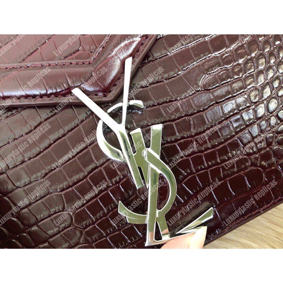 Saint Laurent Cassandra Monogram Clasp Bag In Crocodile Embossed Shiny Leather Dark Legion Red