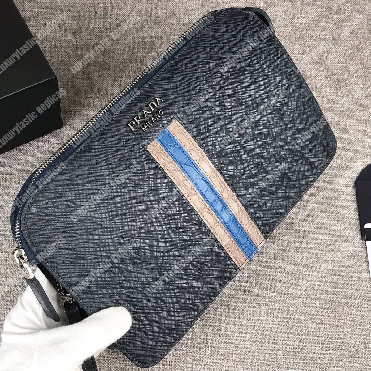 Pra*a saffiano and crocodile leather wallet blue grey/dark blue crocodile insert