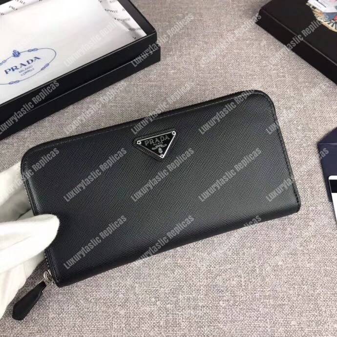 Pra*a large saffiano leather wallet black silver hardware