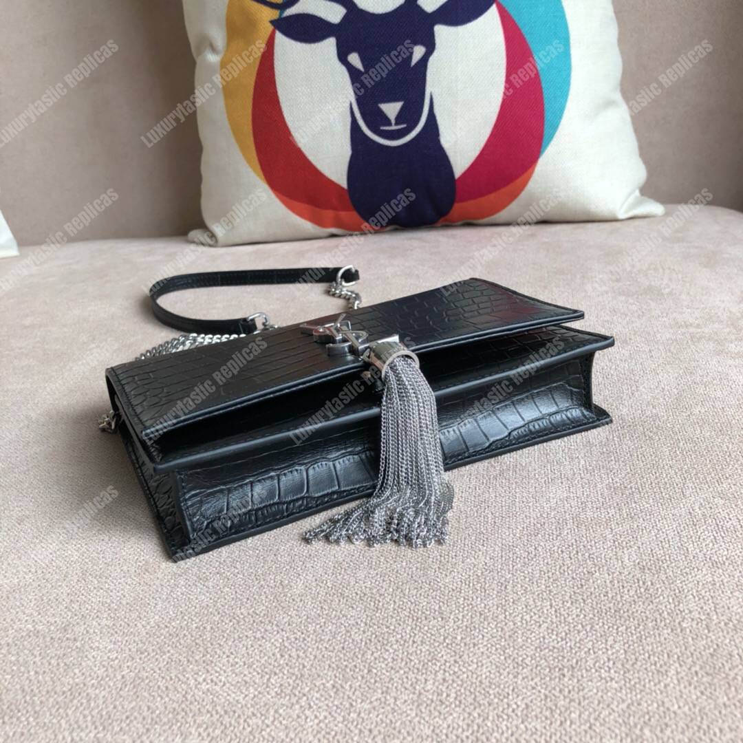 Saint Laurent Kate Chain Wallet With Tassel Black Crocodile