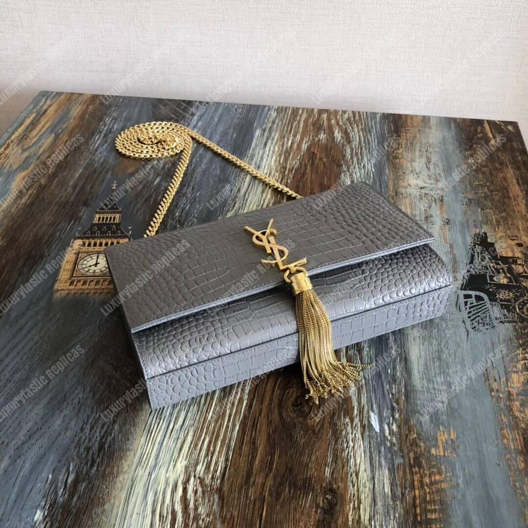 Saint Laurent Medium Kate Tassel Chain Bag Earth Grey Crocodile
