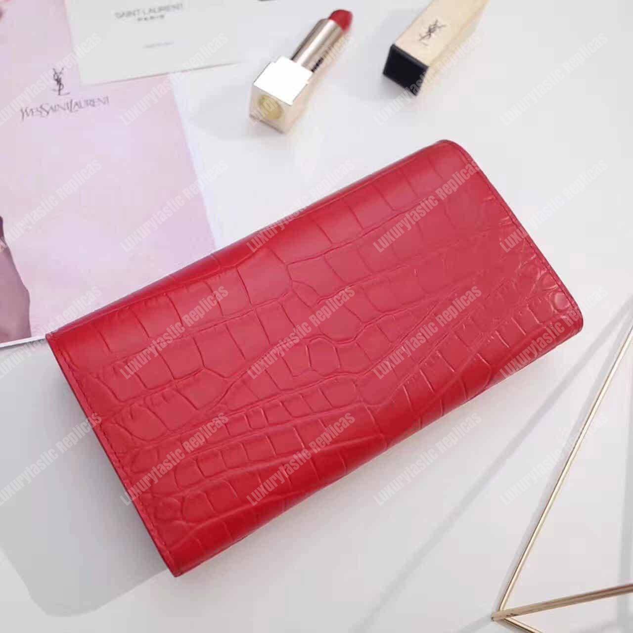 Saint Laurent Large Flap Wallet In Red Crocodile Embossed Shiny
