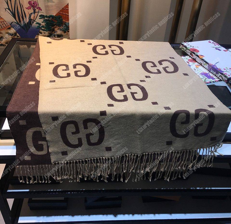 G*u*i gg jacquard wool silk scarf brown & beige