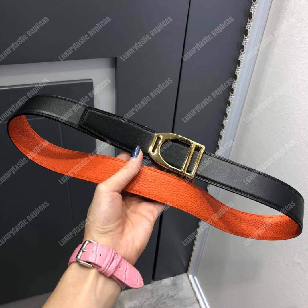 H**mes etrier buckle & reversible leather strap 32 mm noir / orange