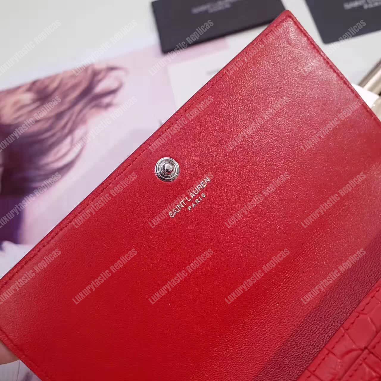 Saint Laurent Large Flap Wallet In Red Crocodile Embossed Shiny