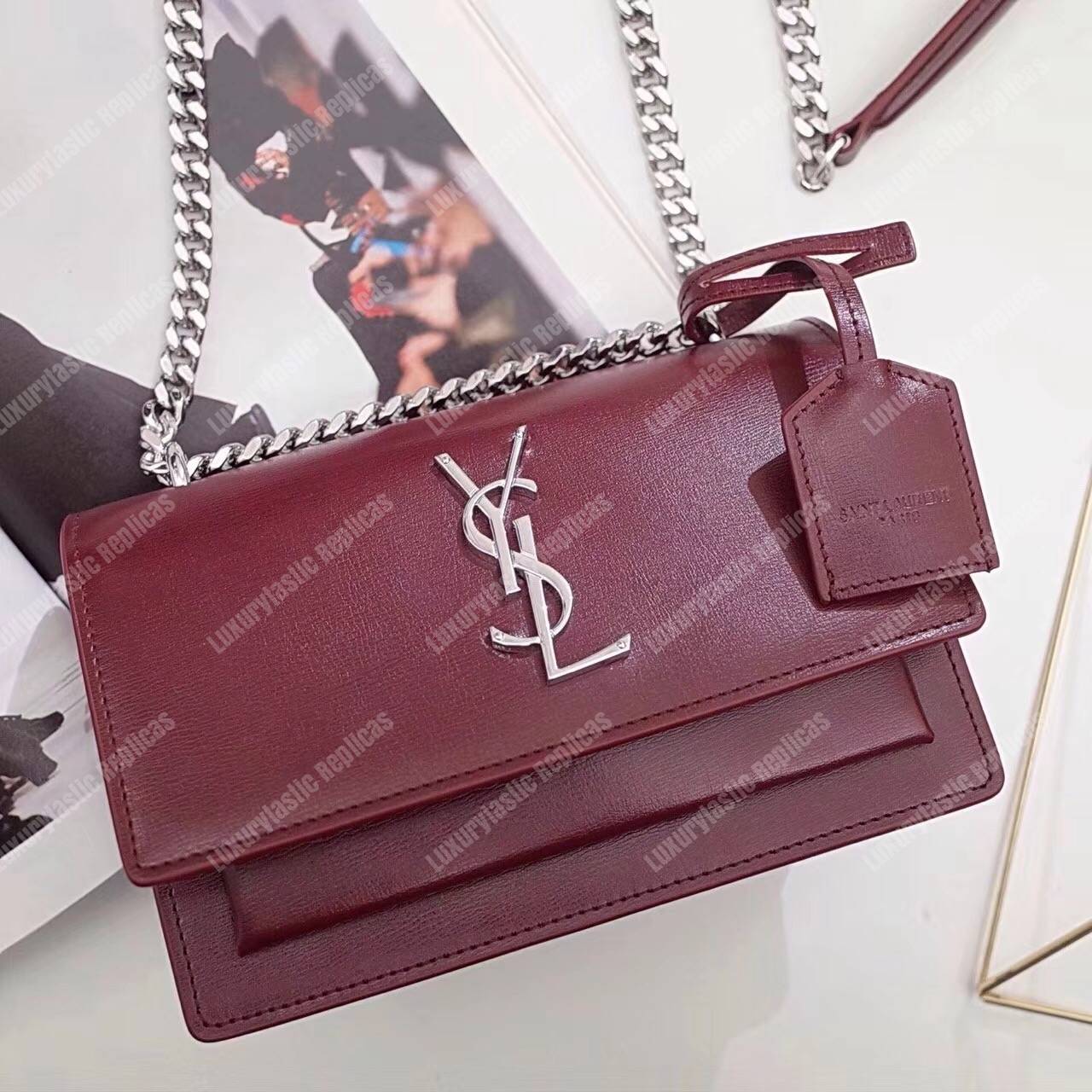 Saint Laurent Small Sunset Bag Dark Red Grained