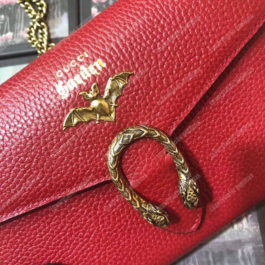G*u*i calfskin garden dionysus chain wallet red with bat