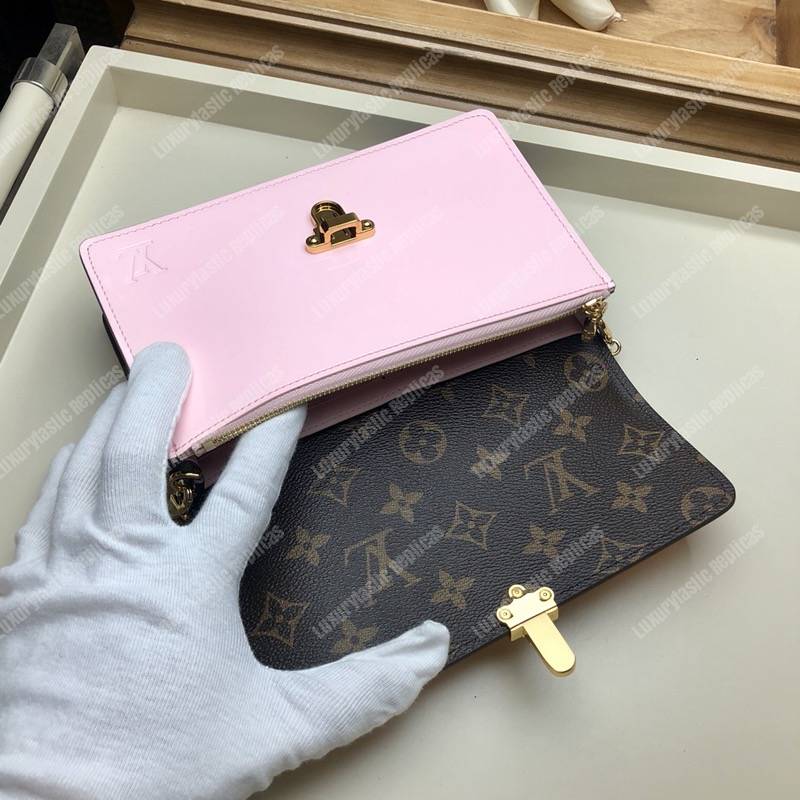 LV Cherrywood Chain Wallet patent calf leather with Monogram canvas in Rose Ballerine Pink
