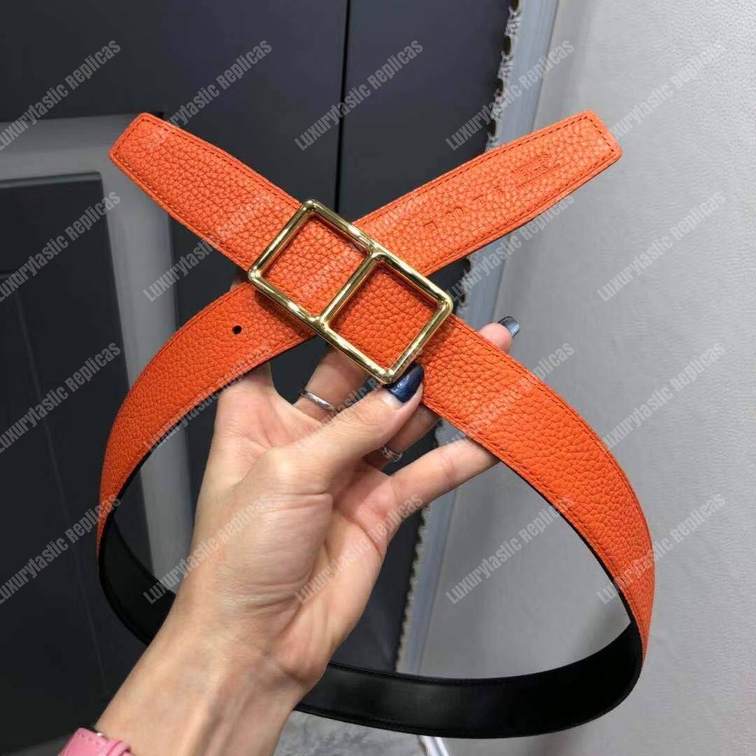 H**mes officier belt buckle reversible leather strap black/orange