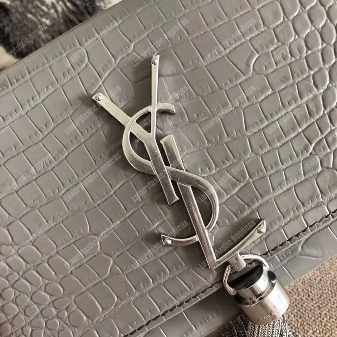 Saint Laurent Classic Small Kate Monogram Earth Grey Crocodile