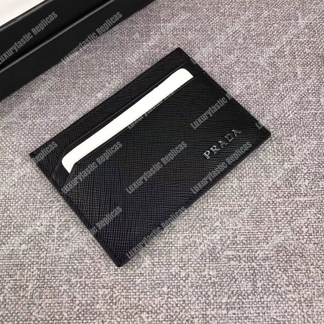 Pra*a saffiano leather card holder metal logo black