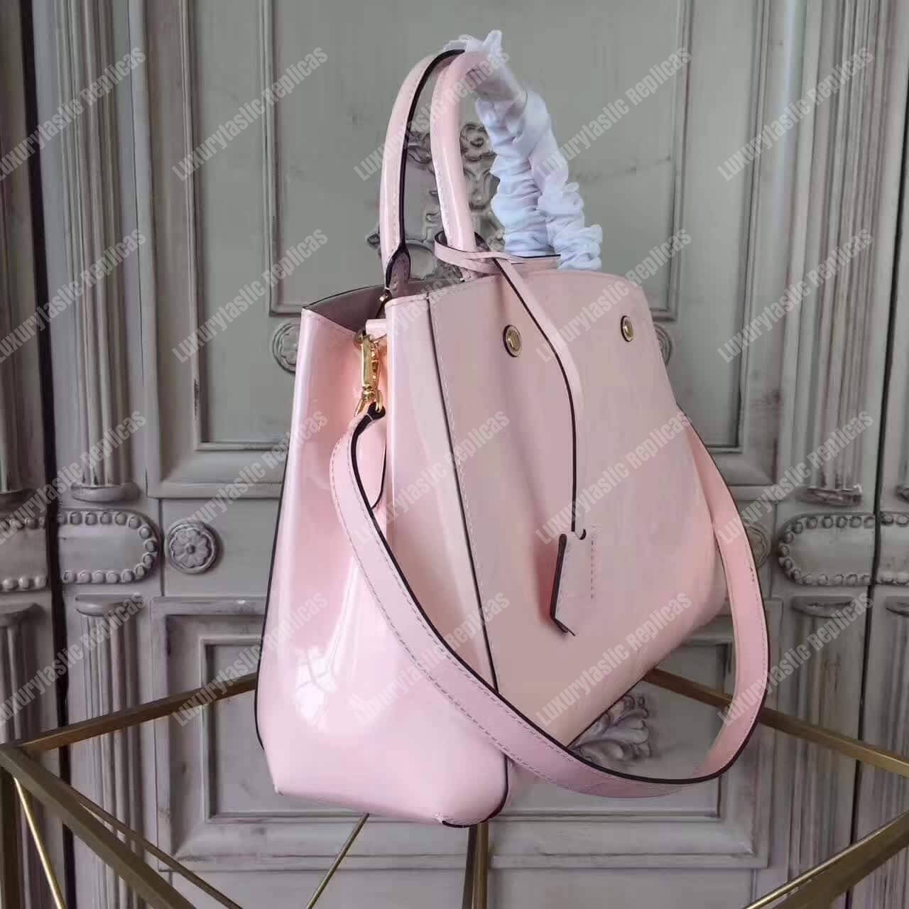 LV Montaigne MM Tote Bag Monogram Vernis Rose Ballerine