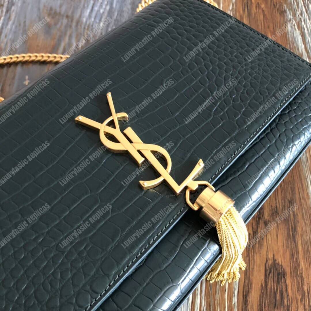 Saint Laurent Medium Kate Tassel Chain Bag Dark Green Crocodile