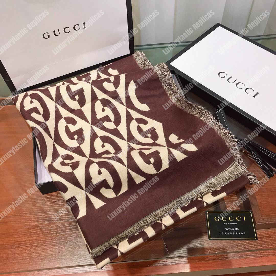 G*u*i g rhombus lamé wool jacquard stole brown white