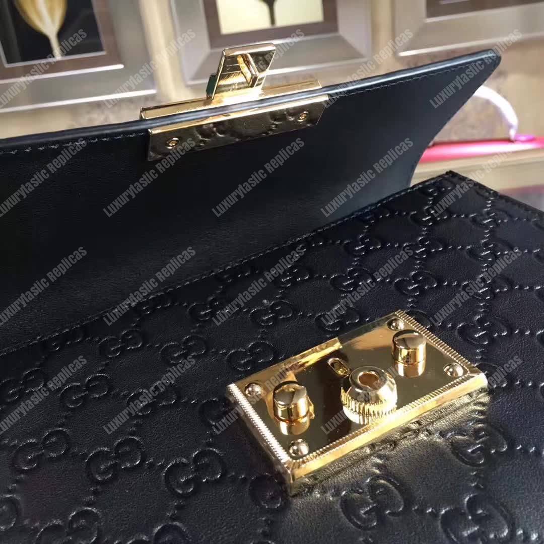 G*u*i padlock small signature top handle bag black