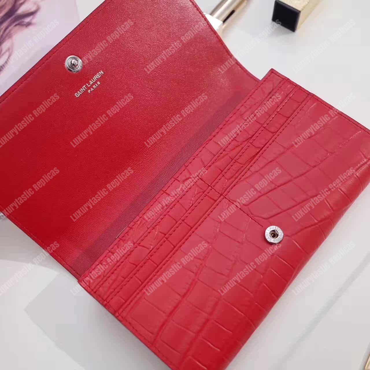 Saint Laurent Large Flap Wallet In Red Crocodile Embossed Shiny