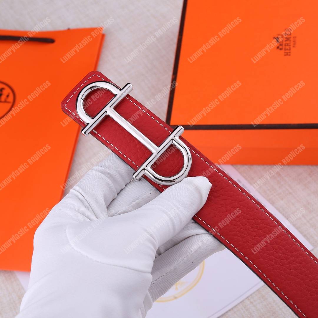 H**mes gamma belt buckle sellier reversible leather strap red / white replica