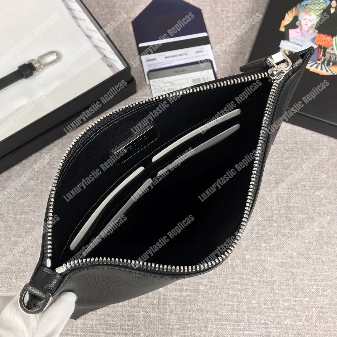 Pra*a saffiano and crocodile leather pouch black