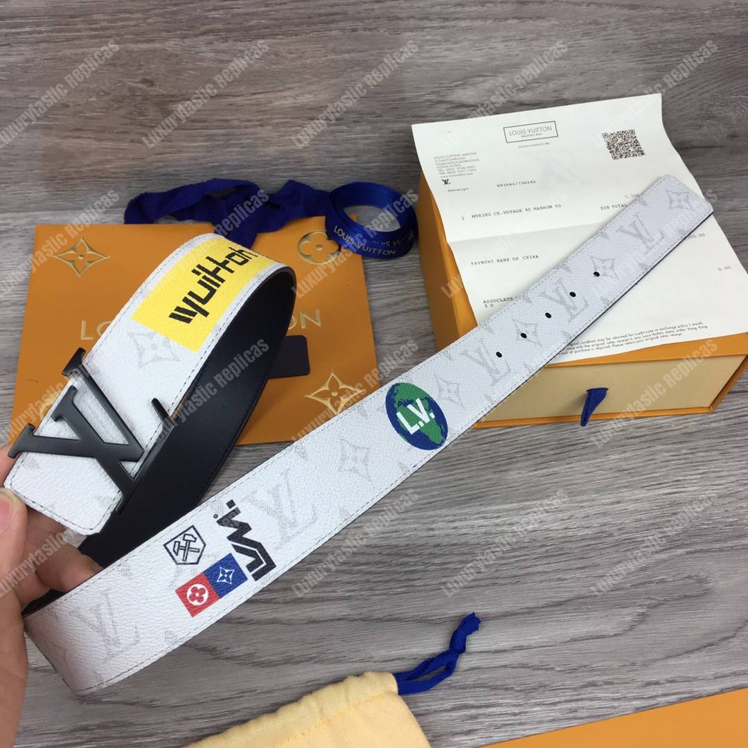LV White Initiales With Printed Stickers 40MM Reversible Leather Belt Black Hardware
